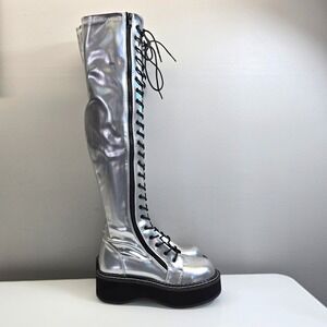 Demonia Emily Thigh High Platform Boots 8.5 Silver Holographic Lace Up Goth Rave